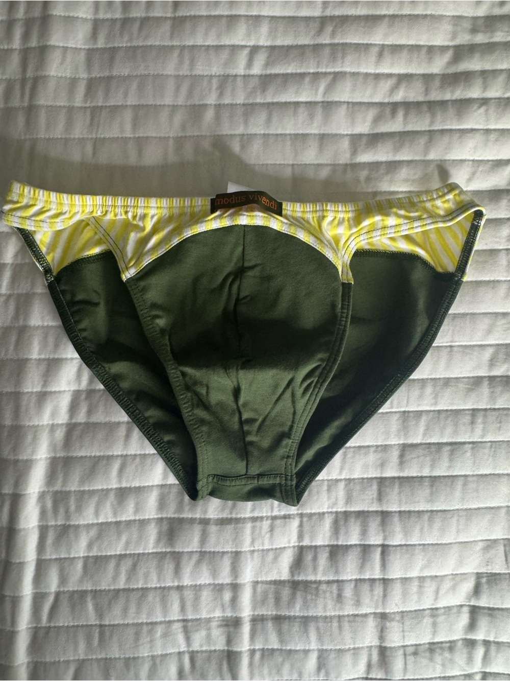 MODUS VIVENDI Men's Olive Green Brief with Yellow Striped Waistband - Picture 3 of 5
